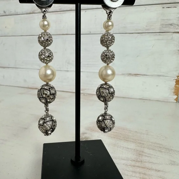 Chanel Silver-Toned and Pearl Drop Earrings with rhinestone encrusted spheres